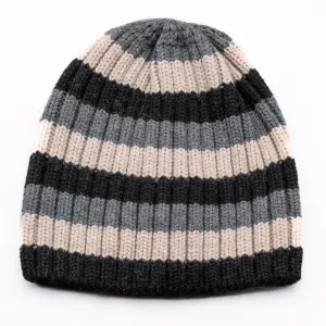 1, 2, 3.  GO! Jumbo Rib Trio Stripe Pure Merino Wool Beanie - Pressed Metal Grey