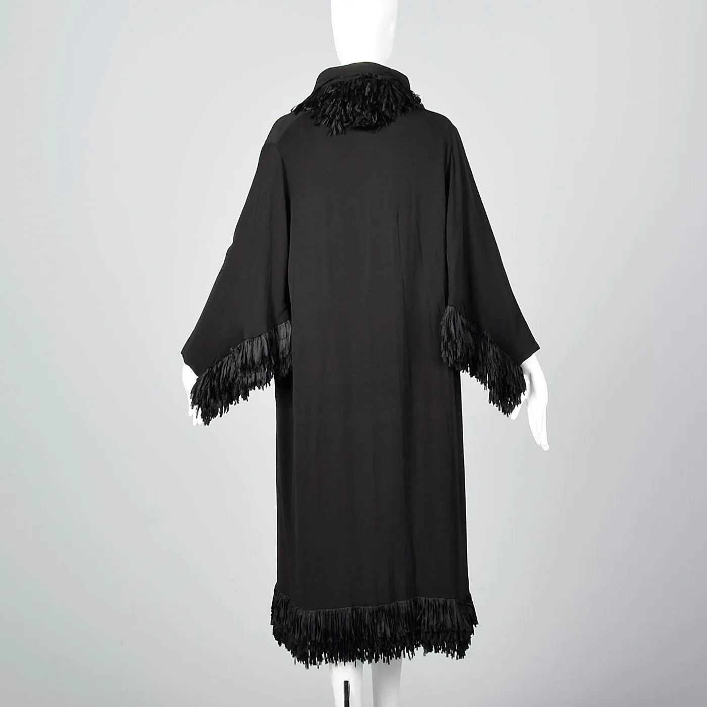 1920s Black Silk Flapper Coat with Fringe Trim