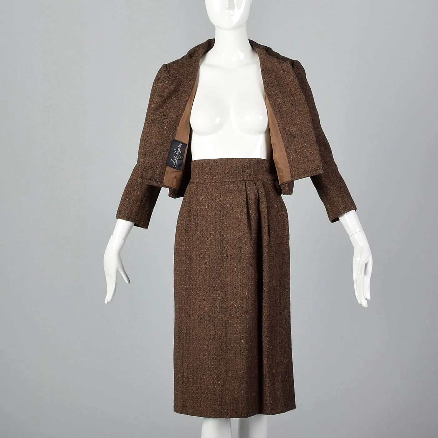 1950s Adele Simpson 28 Shop Wool Tweed Skirt Suit in Brown and Black