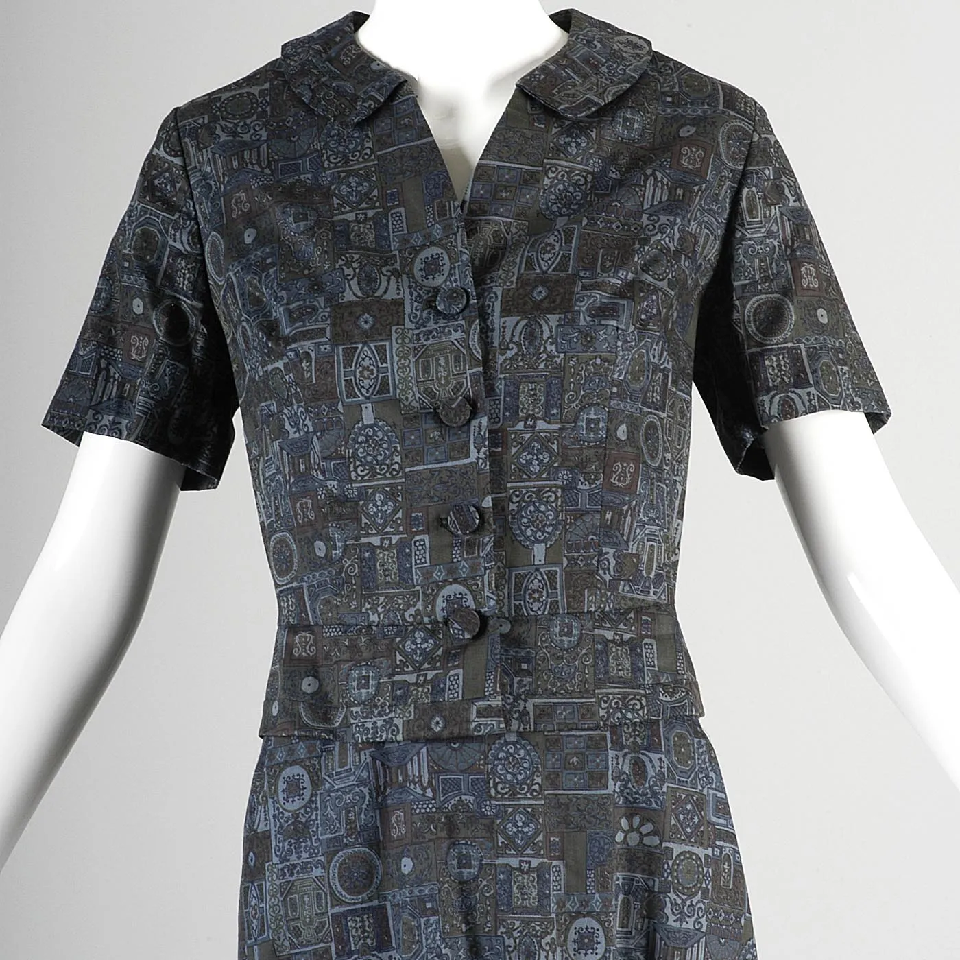 1950s Blouse and Skirt Set in Blue and Green Print