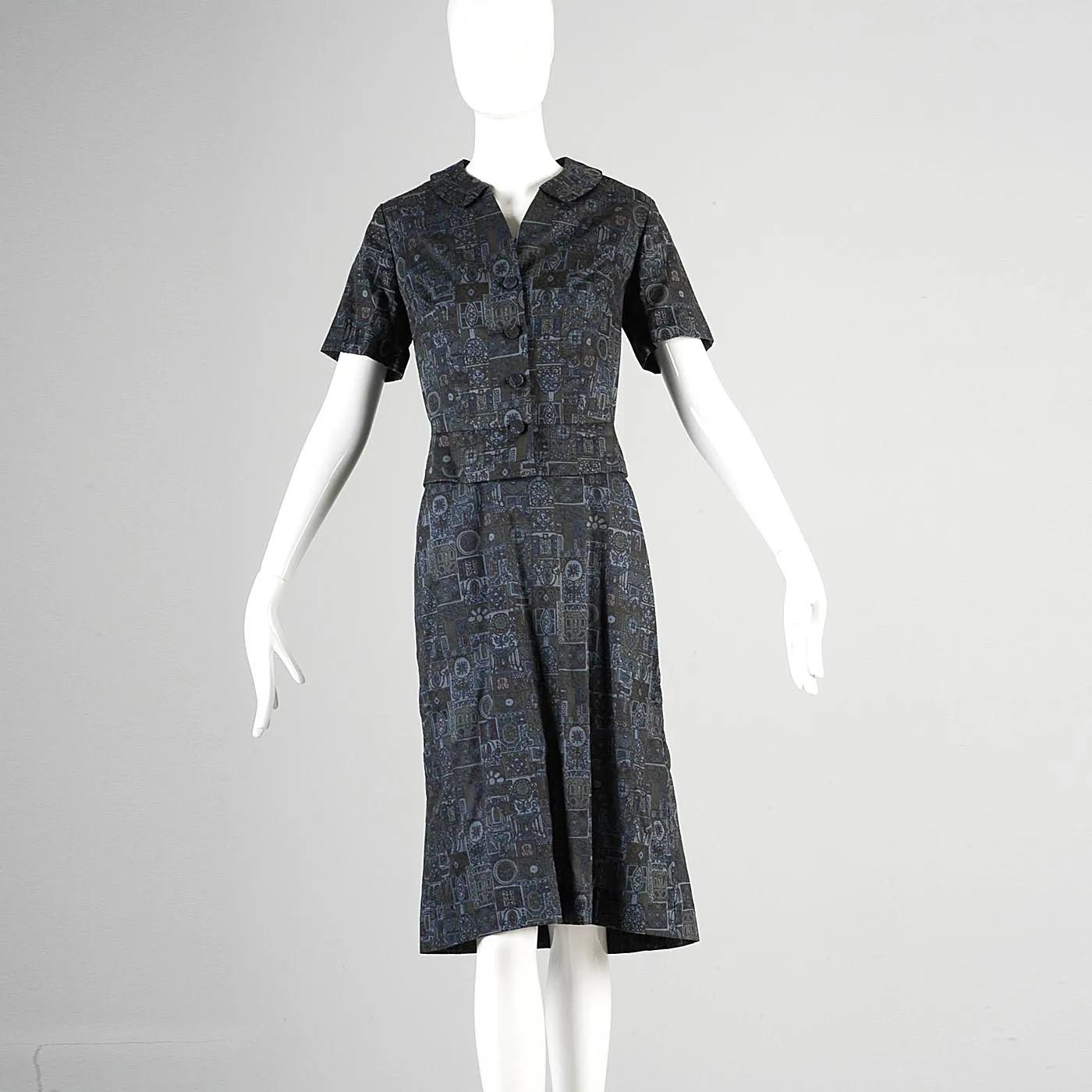 1950s Blouse and Skirt Set in Blue and Green Print