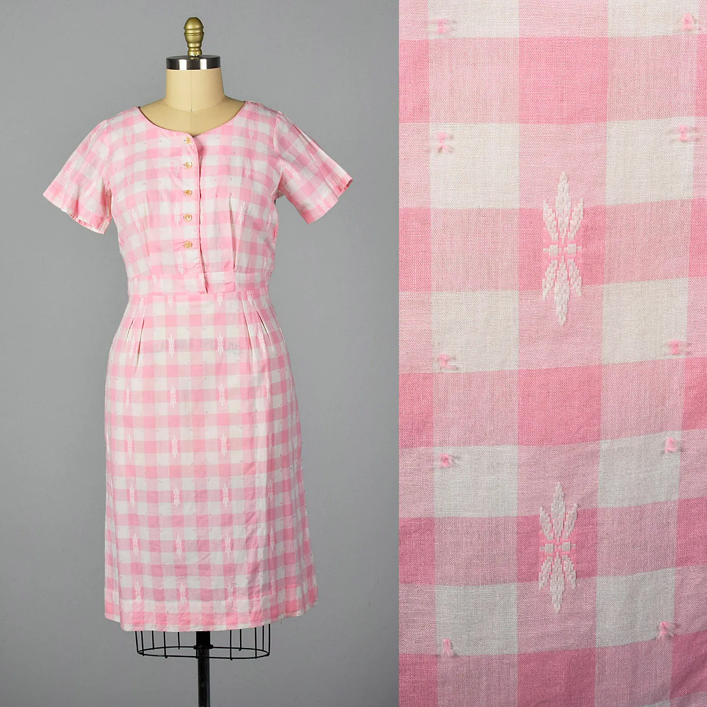 1950s Pink Gingham Pencil Dress