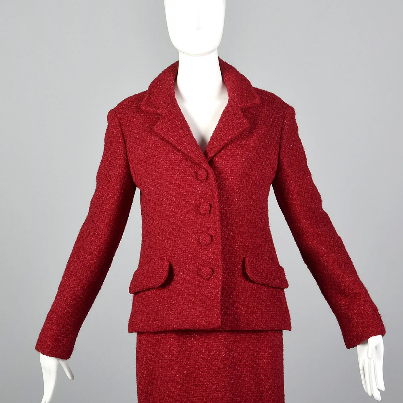 1960s Red Boucle Wool Skirt Suit