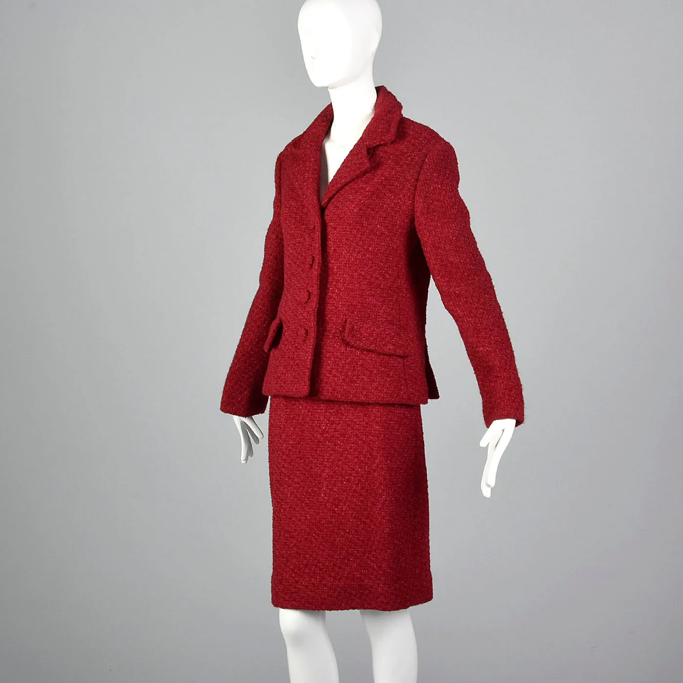 1960s Red Boucle Wool Skirt Suit