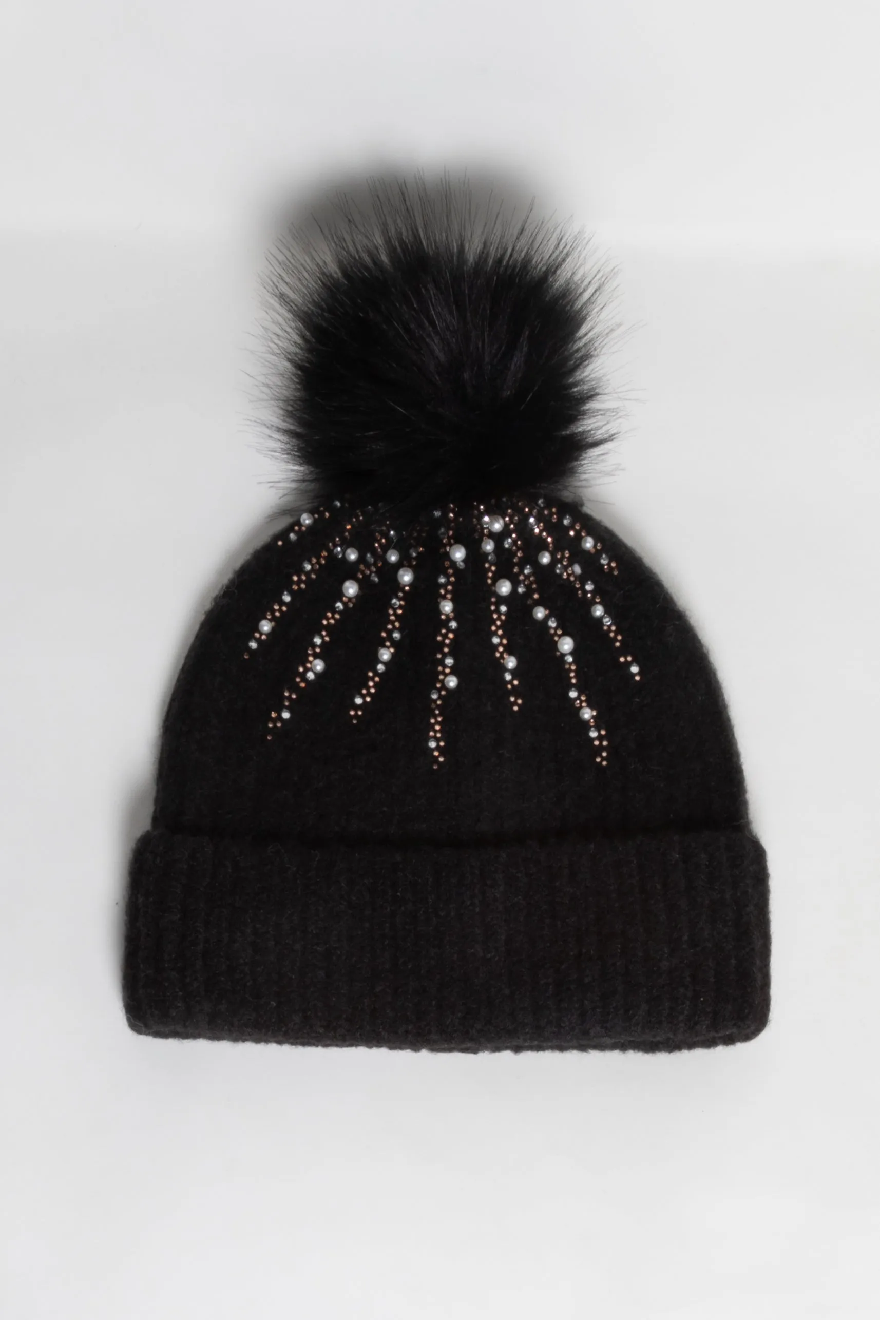 ABB0982 - STONE & GLITTER WITH FAUX FUR POM BEANIE