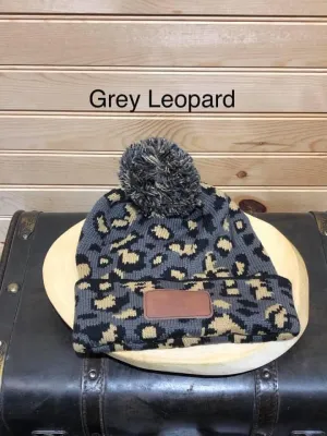 Adult PomPom Beanie with Monogram Spot - Grey Leopard