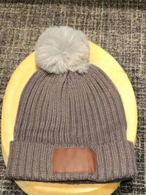 Adult PomPom Beanie with Monogram Spot - Grey