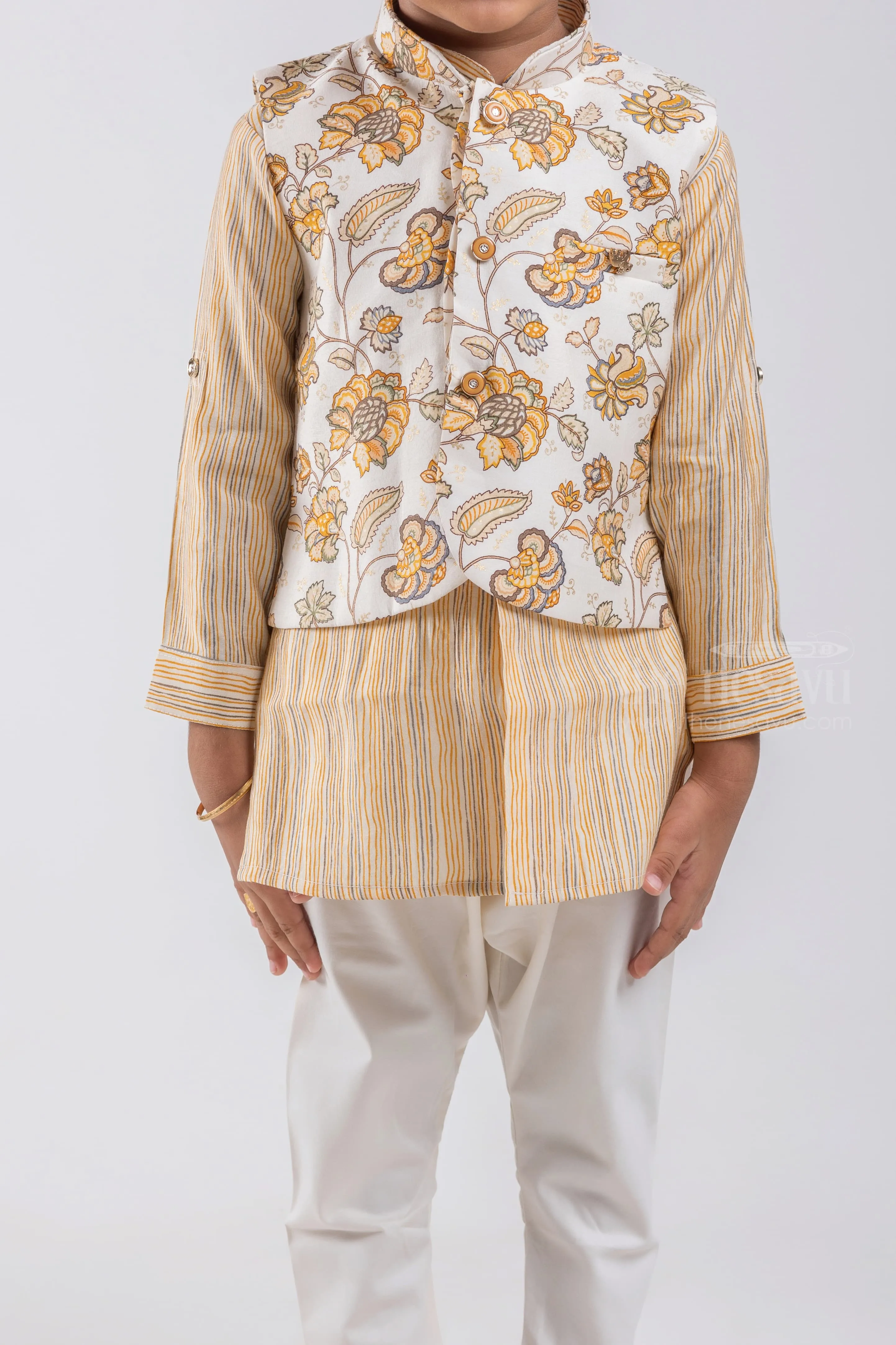 All Over Stripes Printed Cream Kurta with White Pant and Floral Printed Overcoat For Boys