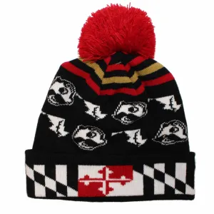 Alternating Boh & State of Maryland w/ Flag Brim (Black w/ Red Pom) / Knit Beanie Cap