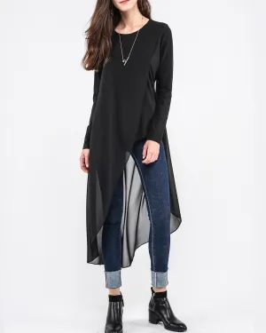 Asymmetrical t-shirt, Cotton and chiffon t-shirt, Long sleeve top, crew neck t-shirts, cotton top, patchwork t-shirt(Y1191L)