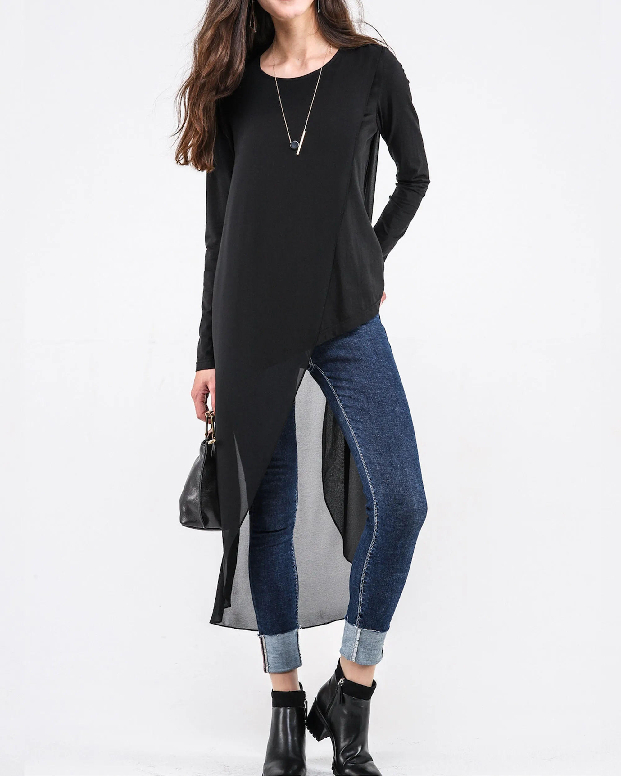 Asymmetrical t-shirt, Cotton and chiffon t-shirt, Long sleeve top, crew neck t-shirts, cotton top, patchwork t-shirt(Y1191L)