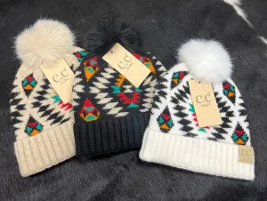 Baby Aztec Patterned Faux Fur Pom CC Beanie