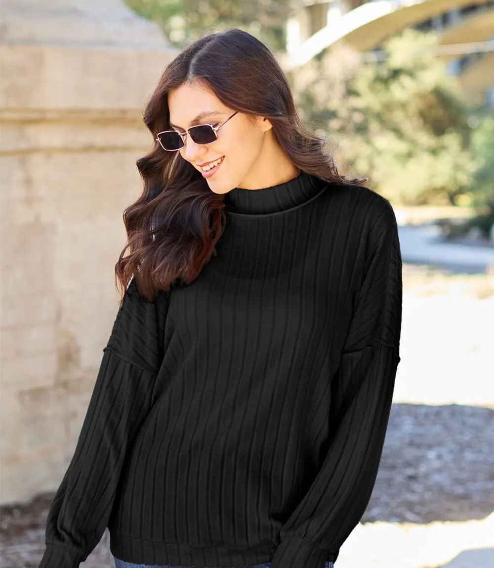 Basic Bae Full Size Ribbed Exposed Seam Mock Neck Knit Top