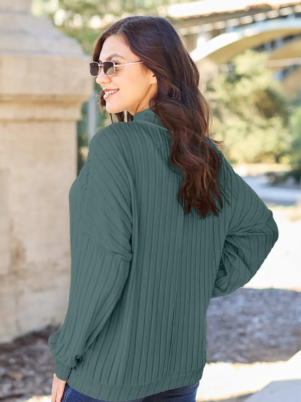 Basic Bae Full Size Ribbed Exposed Seam Mock Neck Knit Top