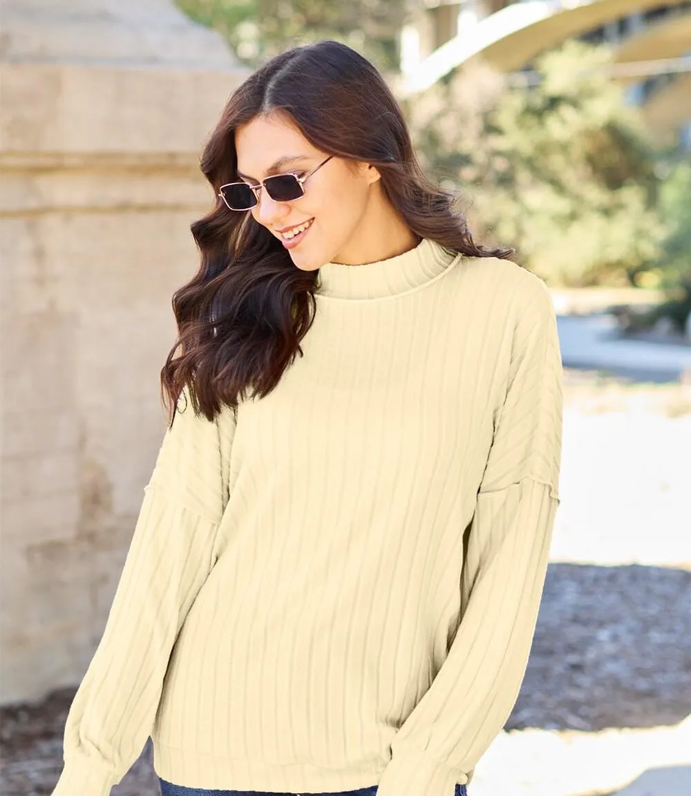 Basic Bae Full Size Ribbed Exposed Seam Mock Neck Knit Top