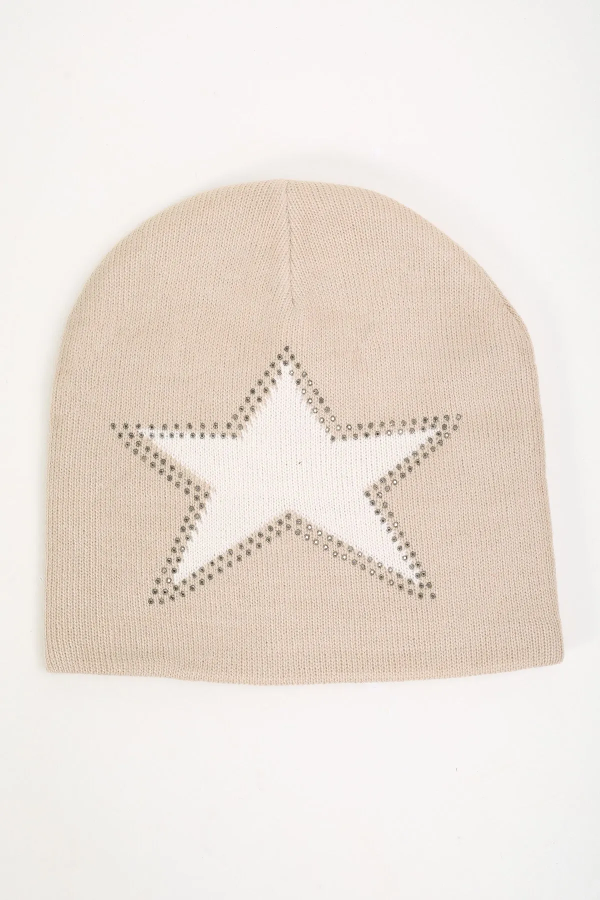 Beige Star Embellished Beanie