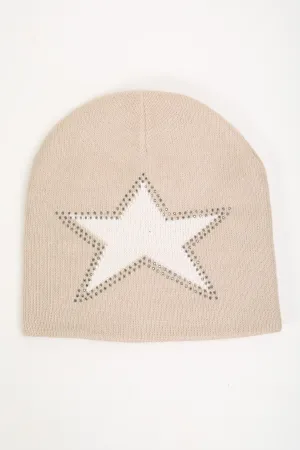 Beige Star Embellished Beanie