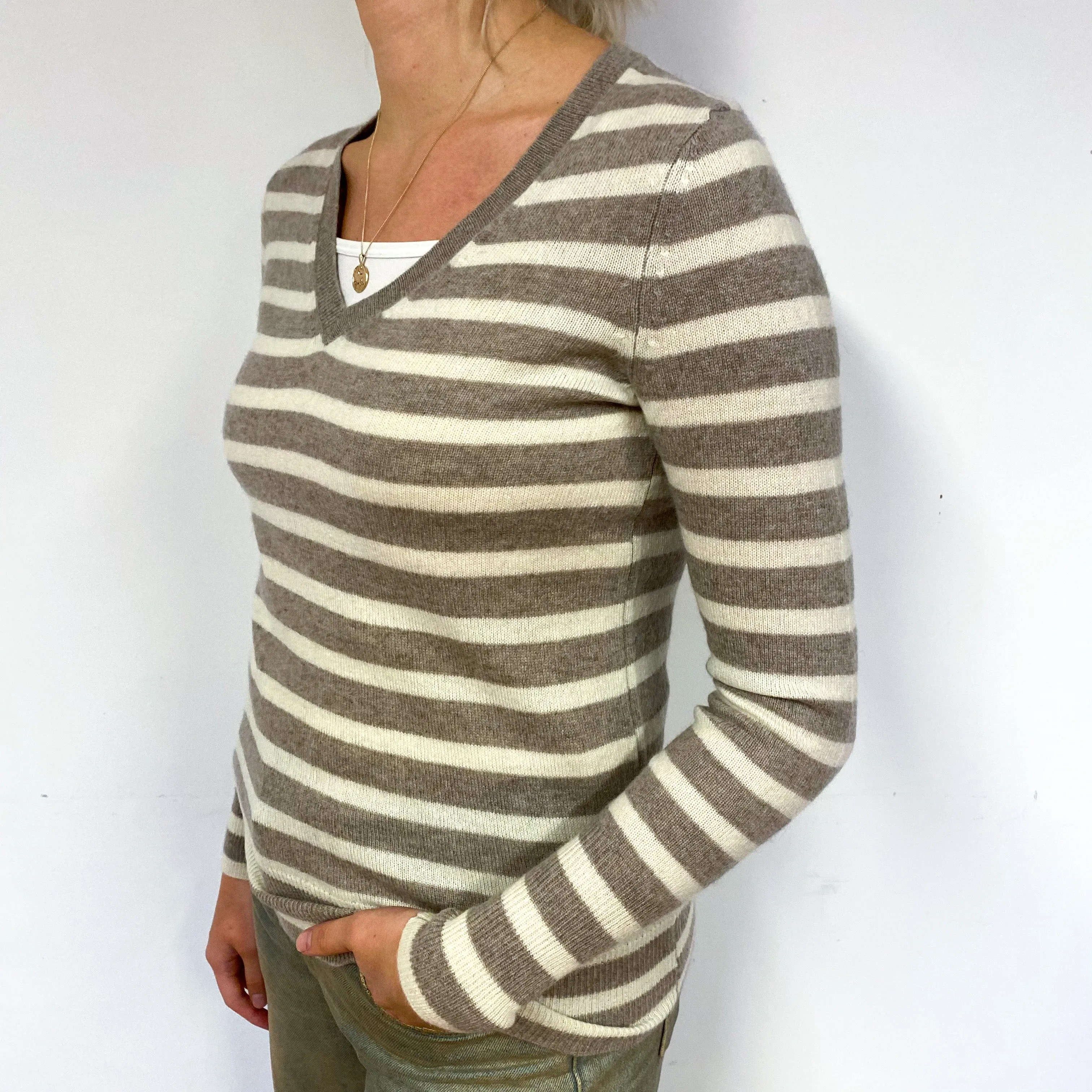 Biscuit & Cream Striped V Neck Jumper Small