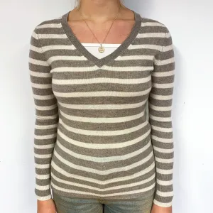 Biscuit & Cream Striped V Neck Jumper Small