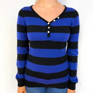 Black Blue Stripe Cashmere Buttoned V-Neck Jumper Small