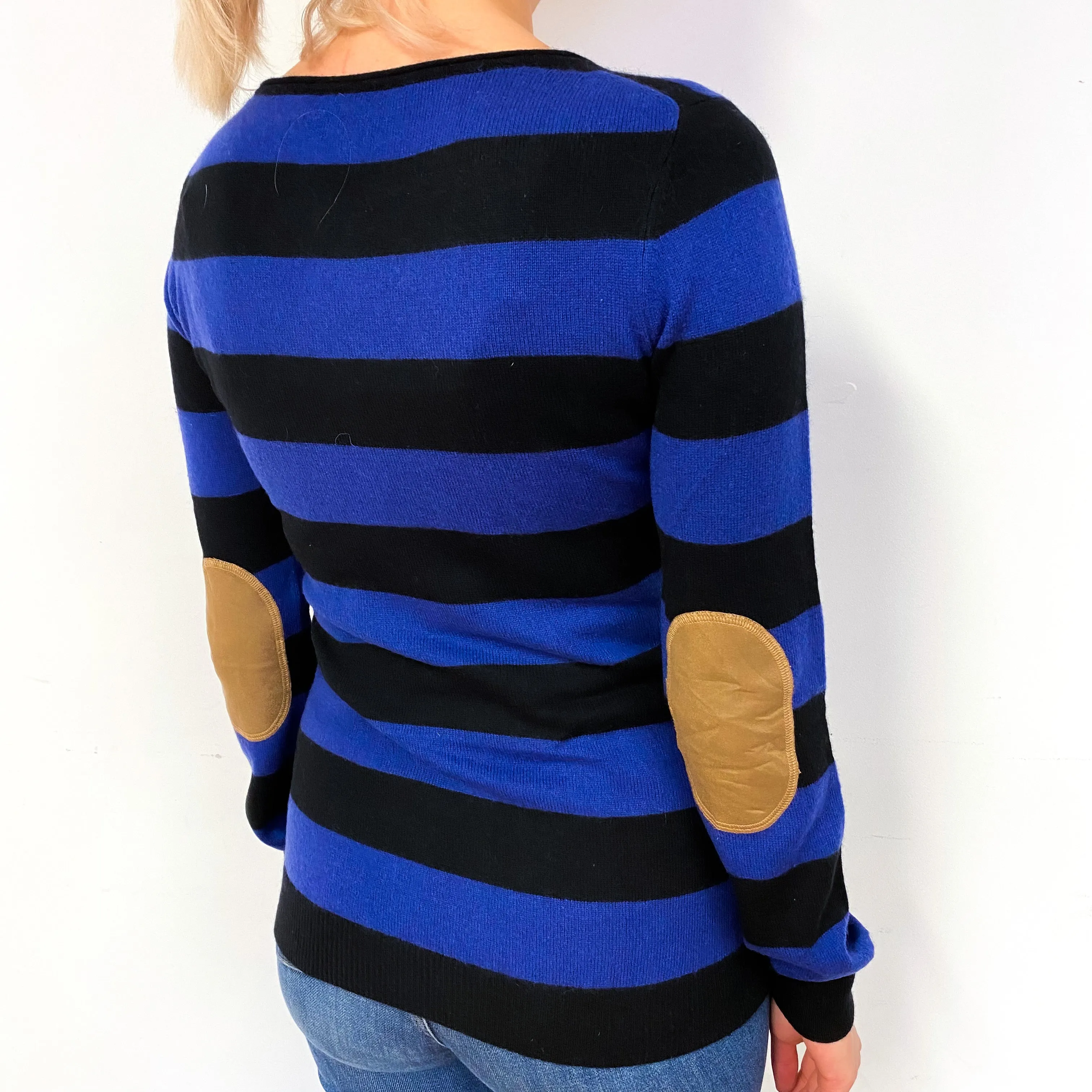 Black Blue Stripe Cashmere Buttoned V-Neck Jumper Small