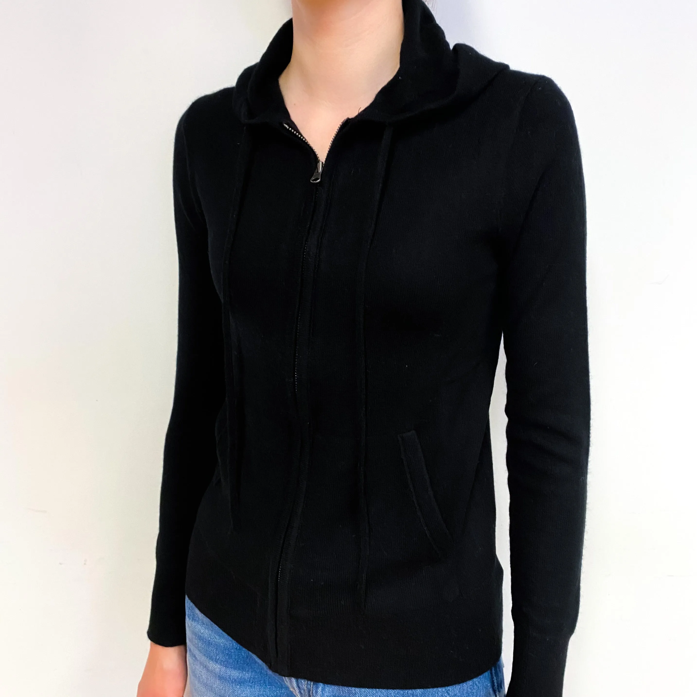 Black Cashmere Zip Hoodie Cardigan with Pockets Extra Small