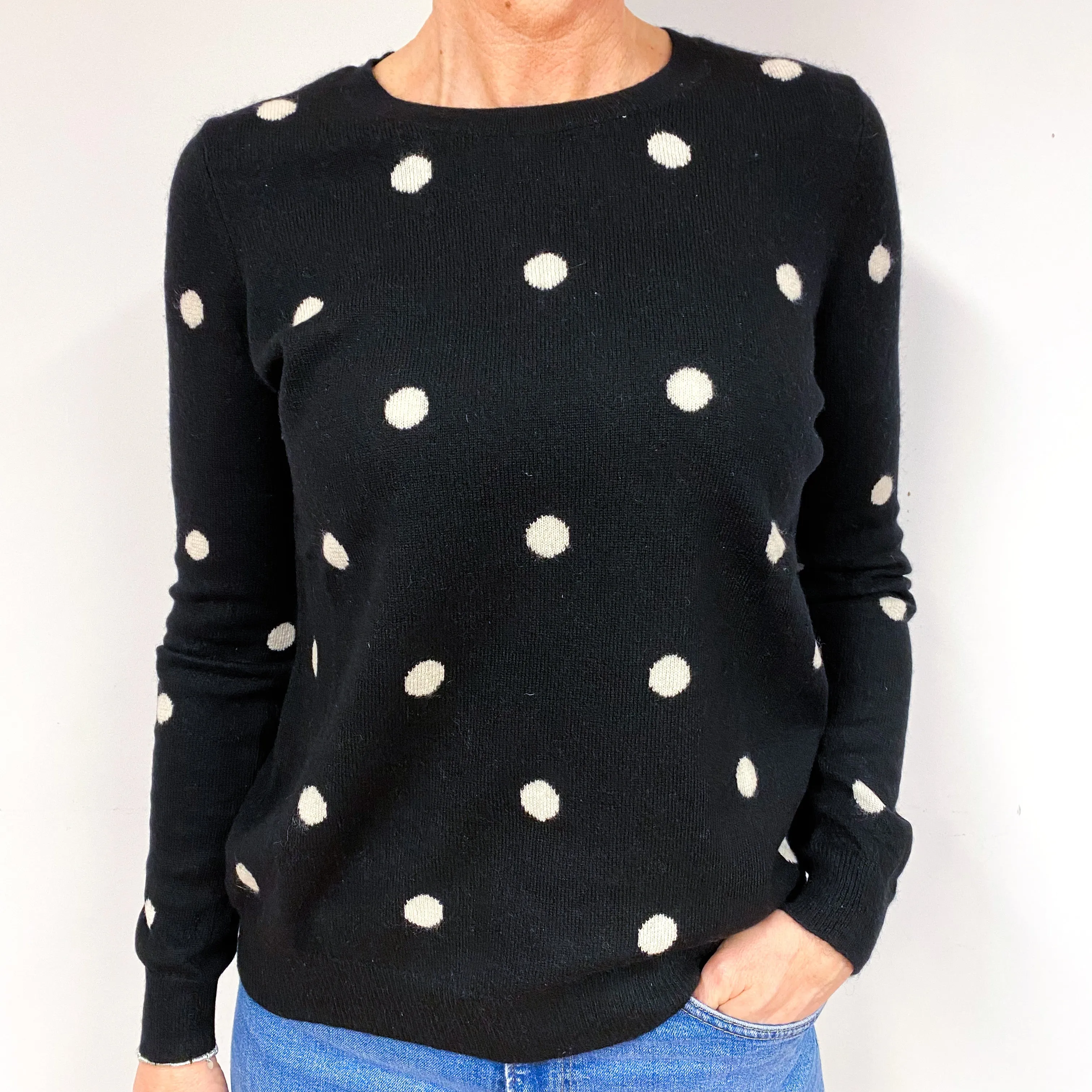 Black Cream Spot Cashmere Crew Neck Jumper Medium