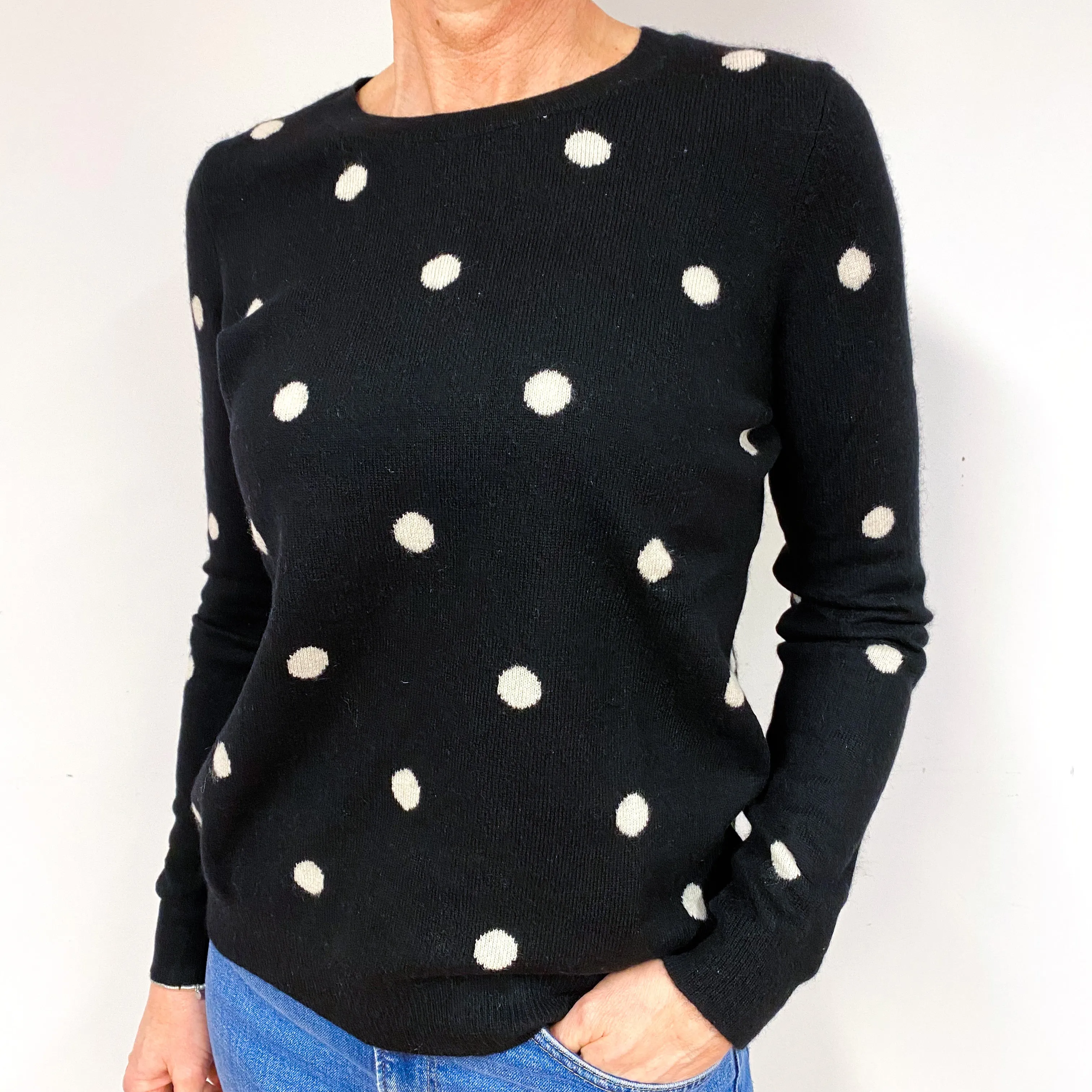 Black Cream Spot Cashmere Crew Neck Jumper Medium