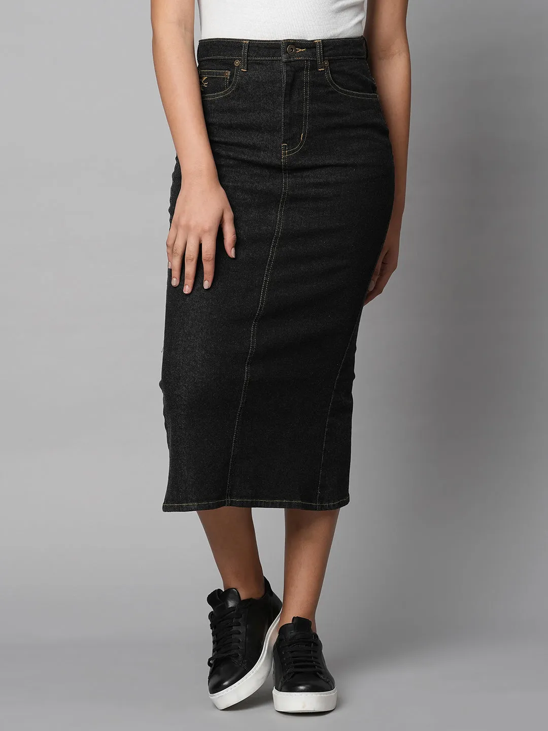 Black Denim 5 Pocket Pencil Skirt