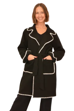 Black Tie Front Coat with White Trim
