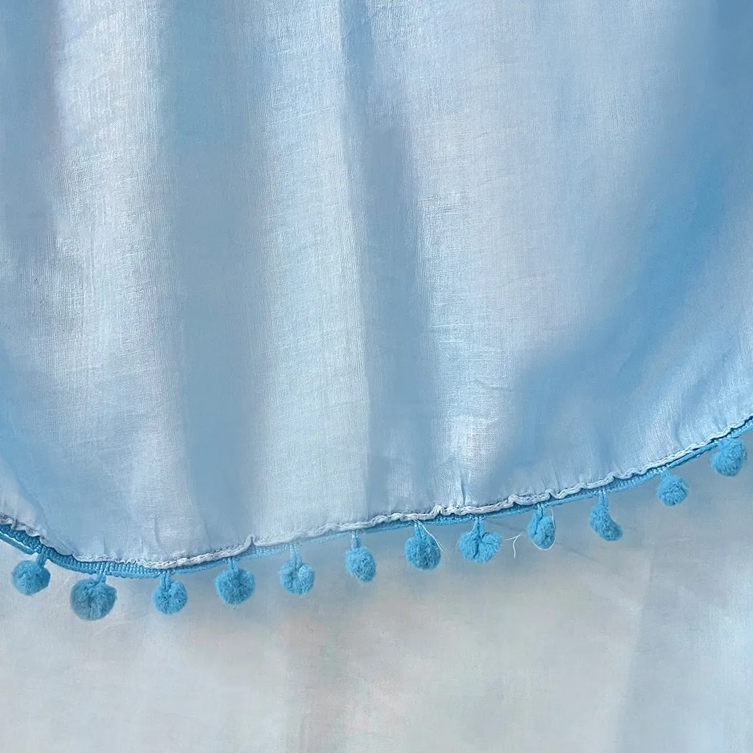 Blue Pom Pom Border Solid Viscose Scarf
