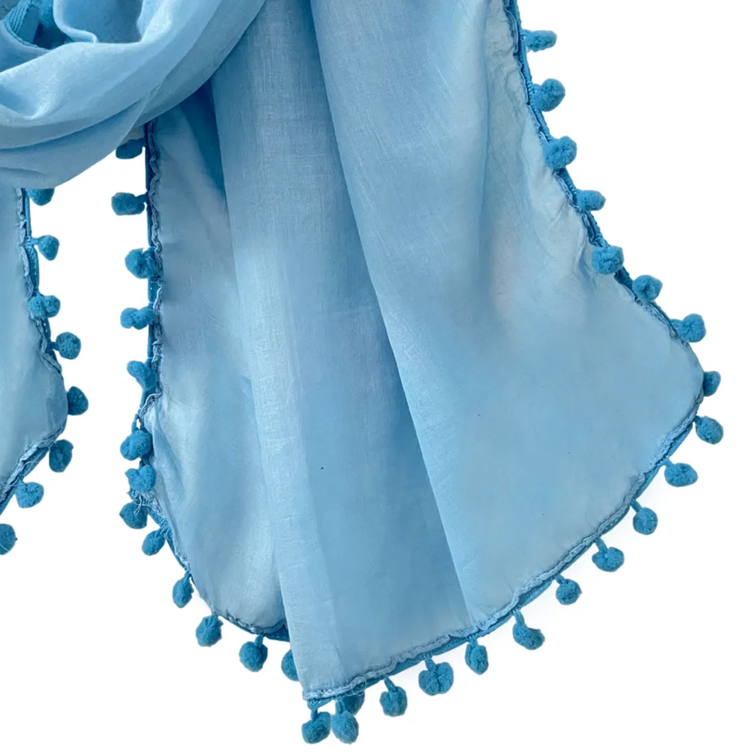 Blue Pom Pom Border Solid Viscose Scarf