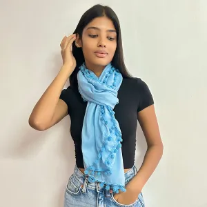 Blue Pom Pom Border Solid Viscose Scarf