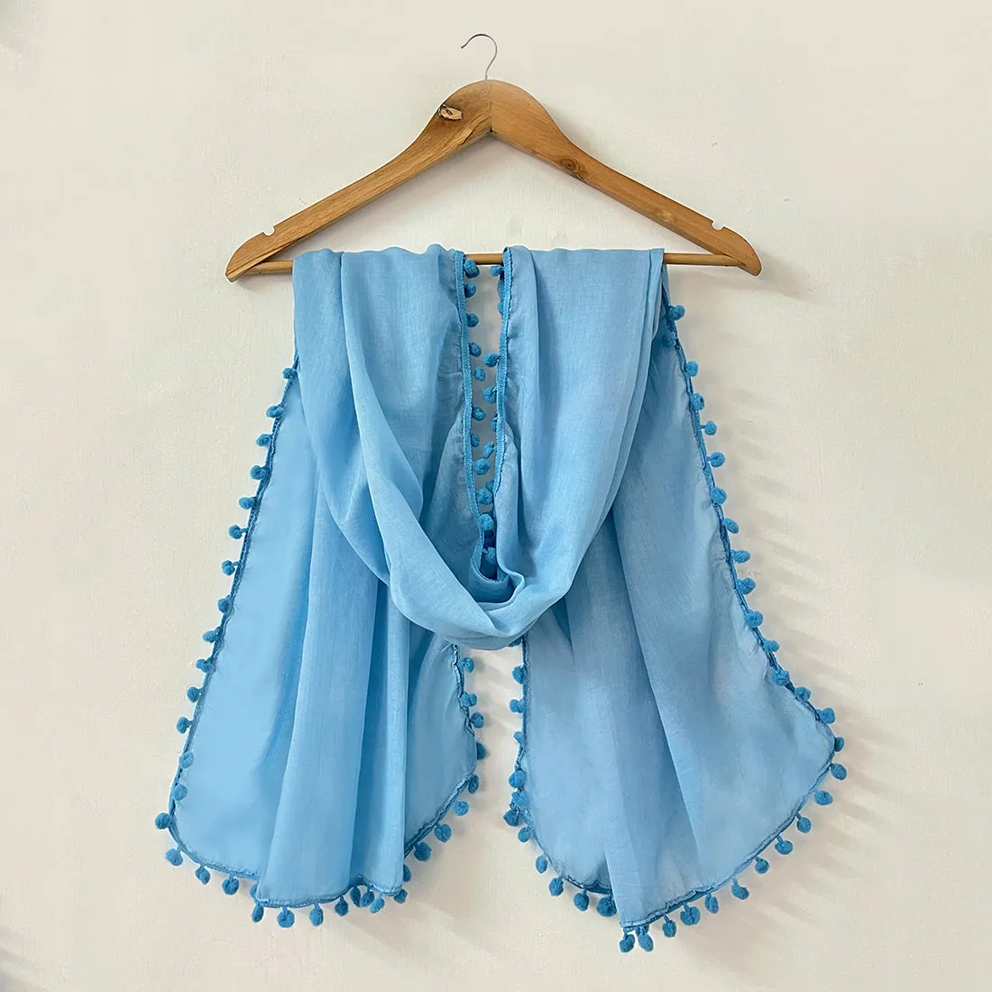 Blue Pom Pom Border Solid Viscose Scarf