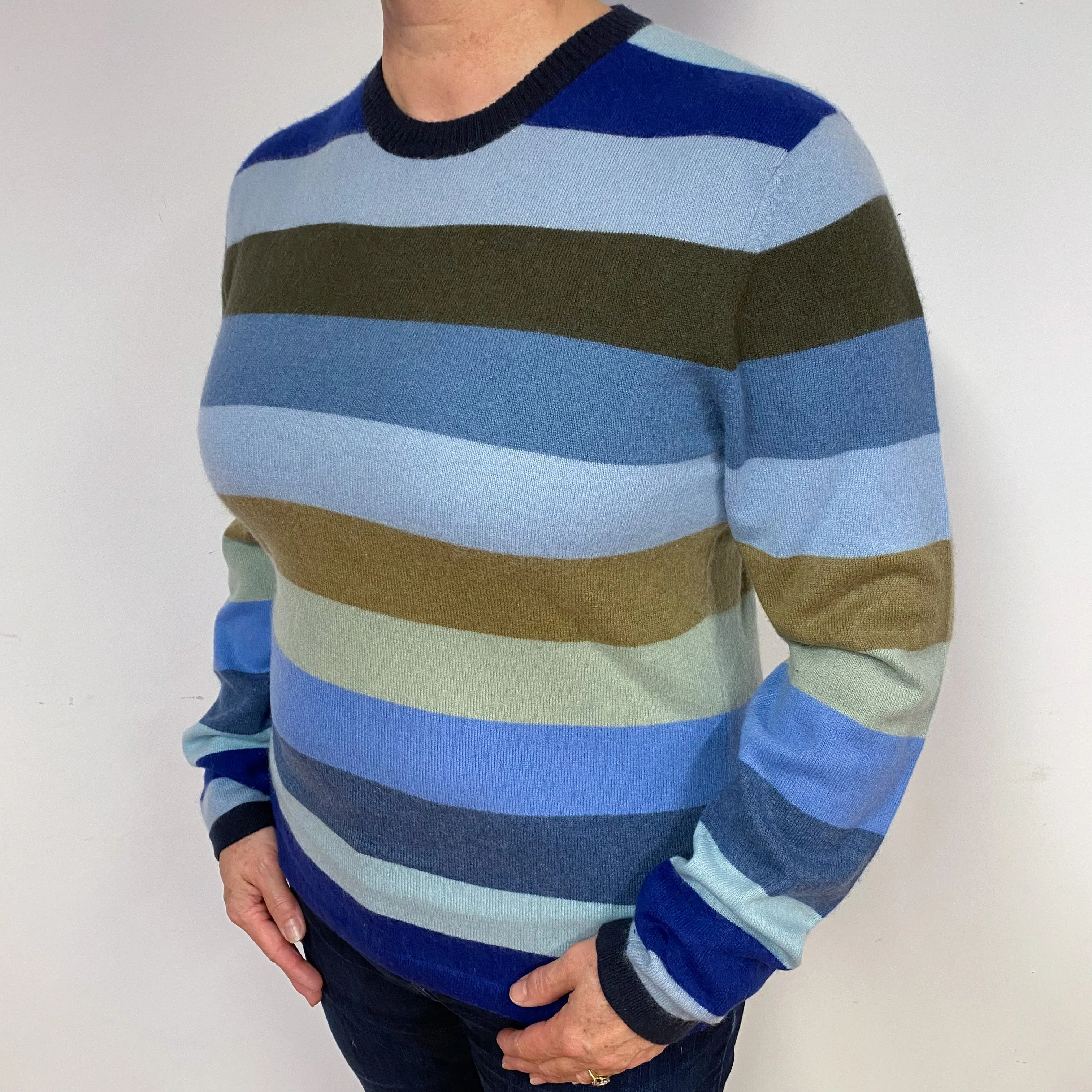 Blue Striped Cashmere Crew Neck Jumper Large