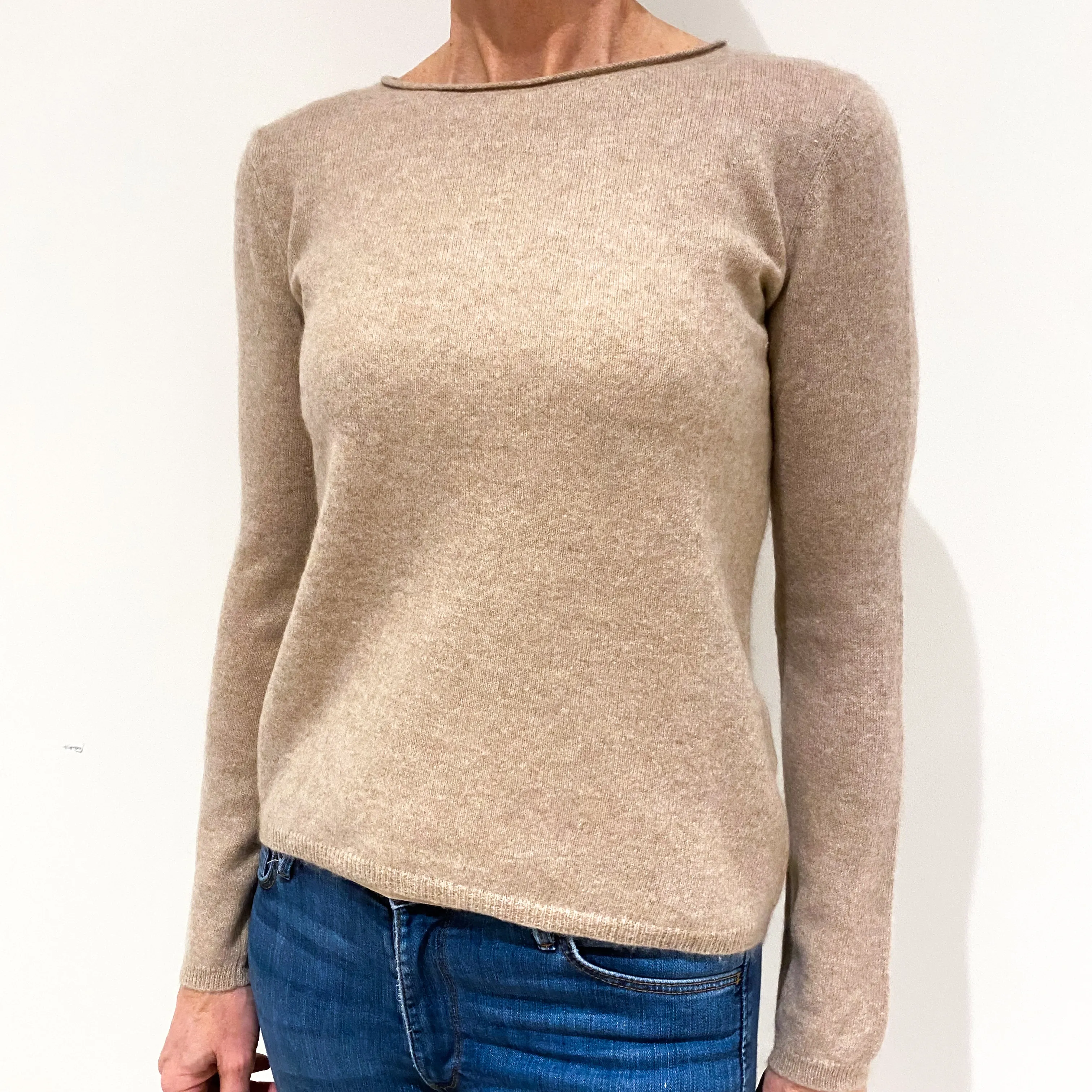 Buff Brown Cashmere Crew Neck Jumper Small