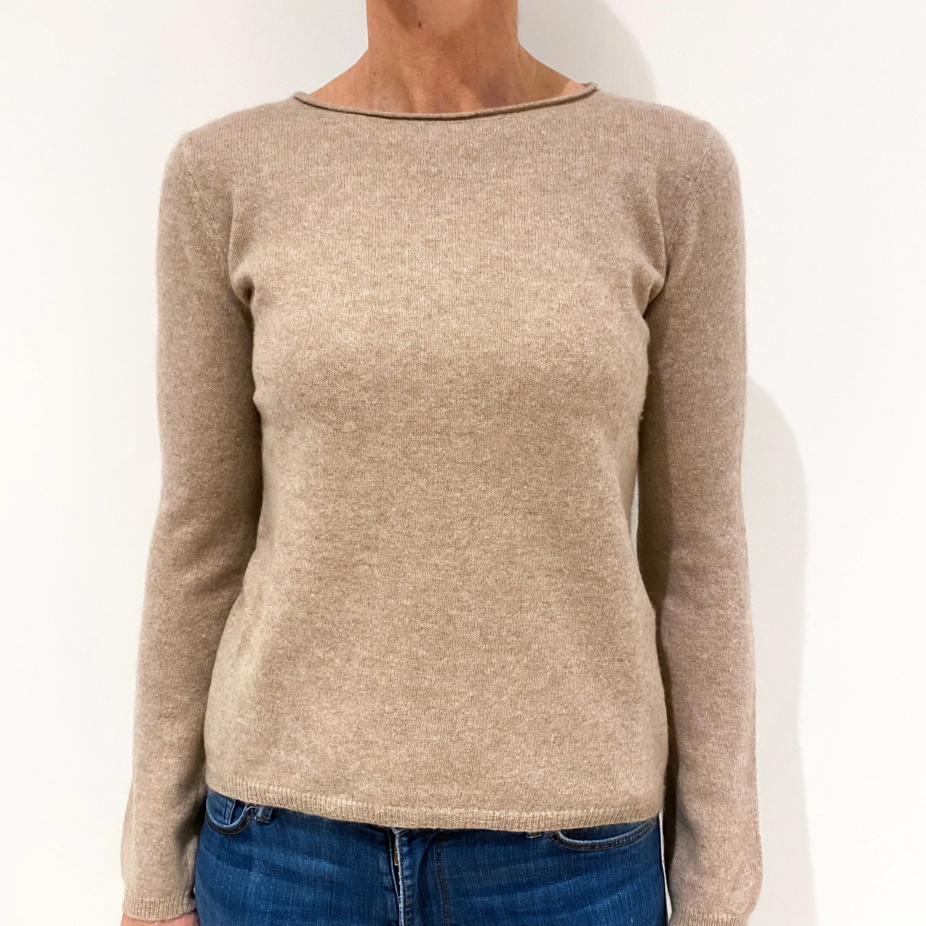 Buff Brown Cashmere Crew Neck Jumper Small