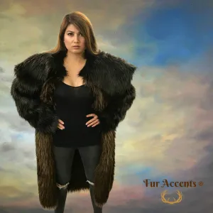 Buffalo Robe - Bear Skin Jacket - Long Coat - Exotic Faux Fur  -Shaggy Brown and Black - Western Wear- Lined - Unisex - Oversize Fur Accents