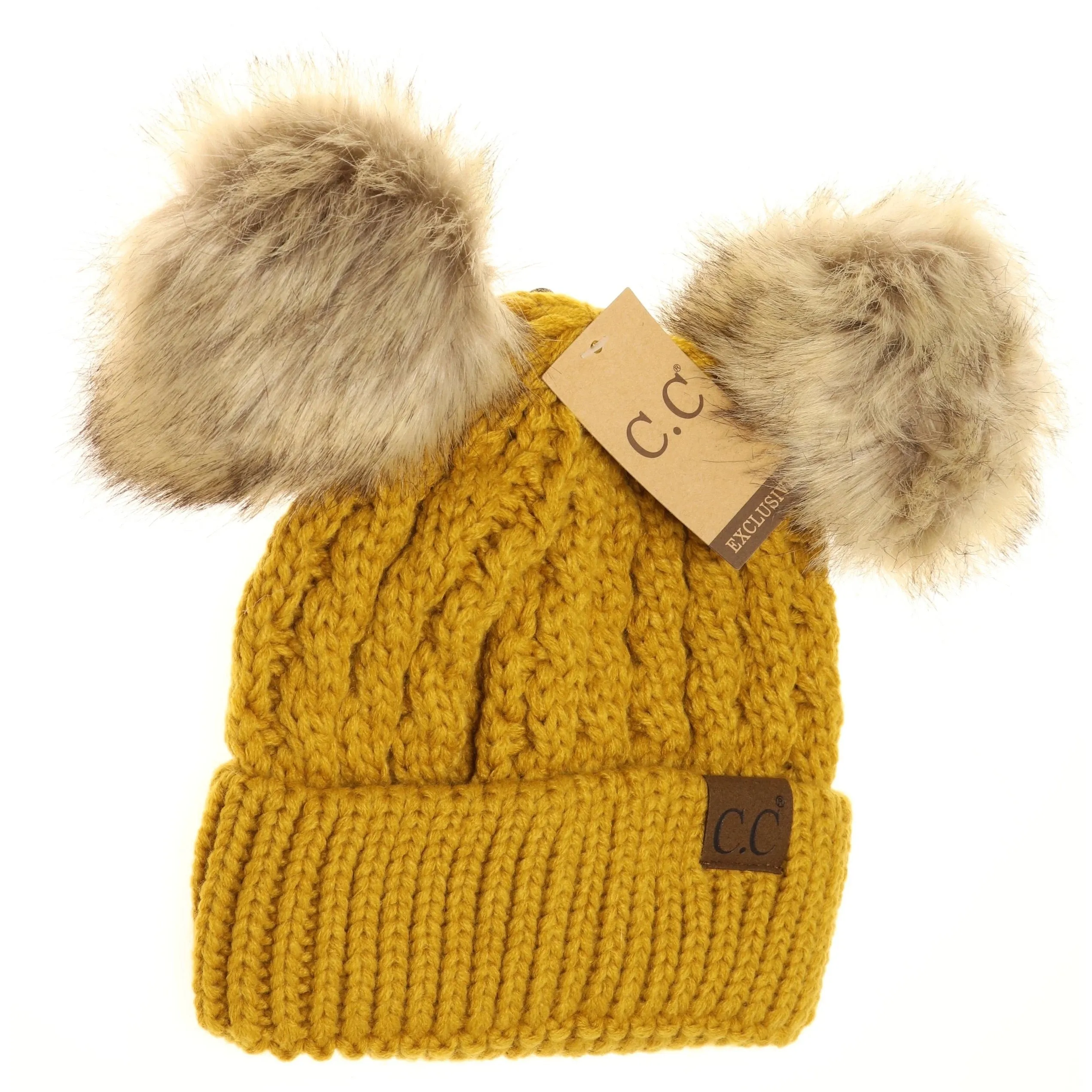 Cable Knit Double Pom Beanie
