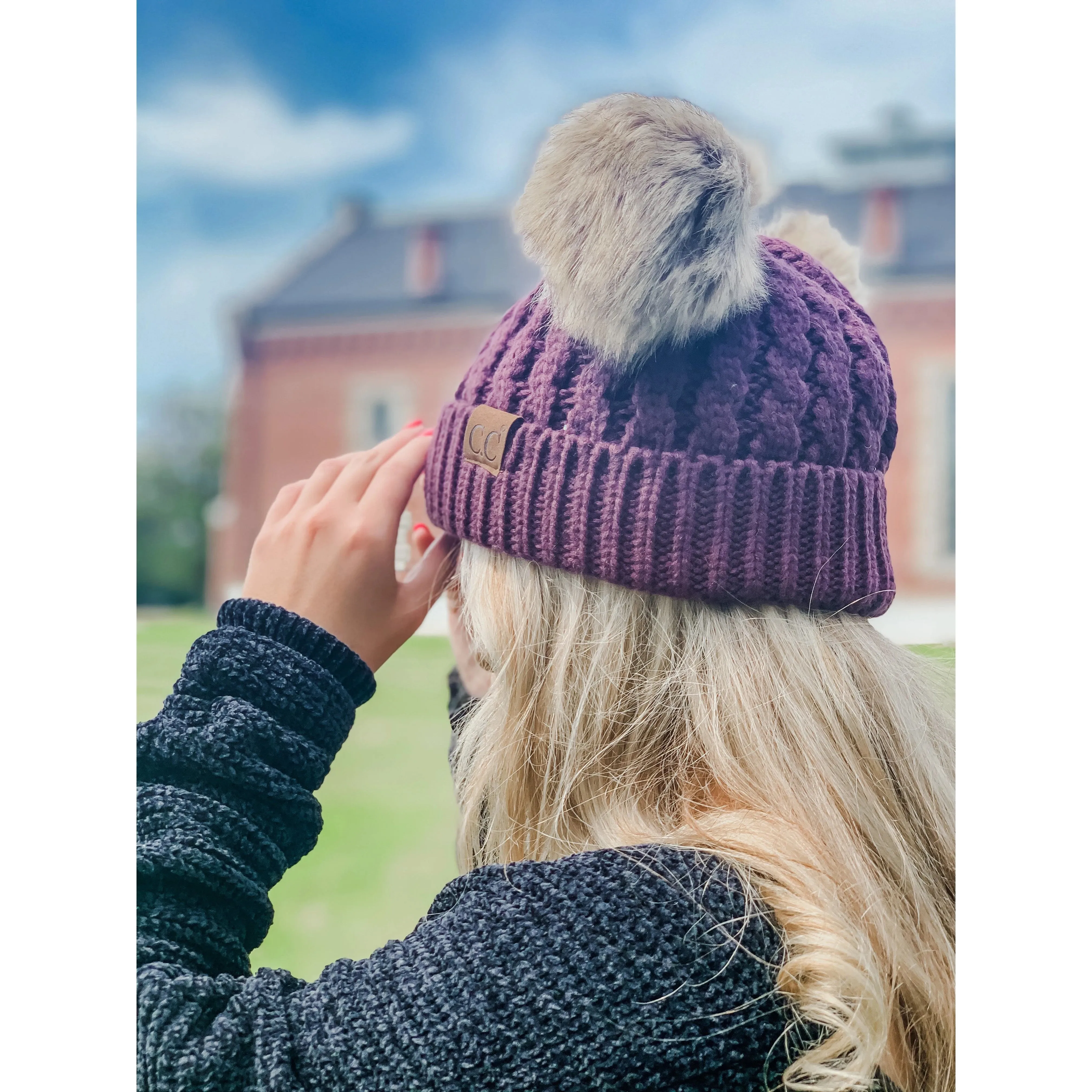 Cable Knit Double Pom Beanie