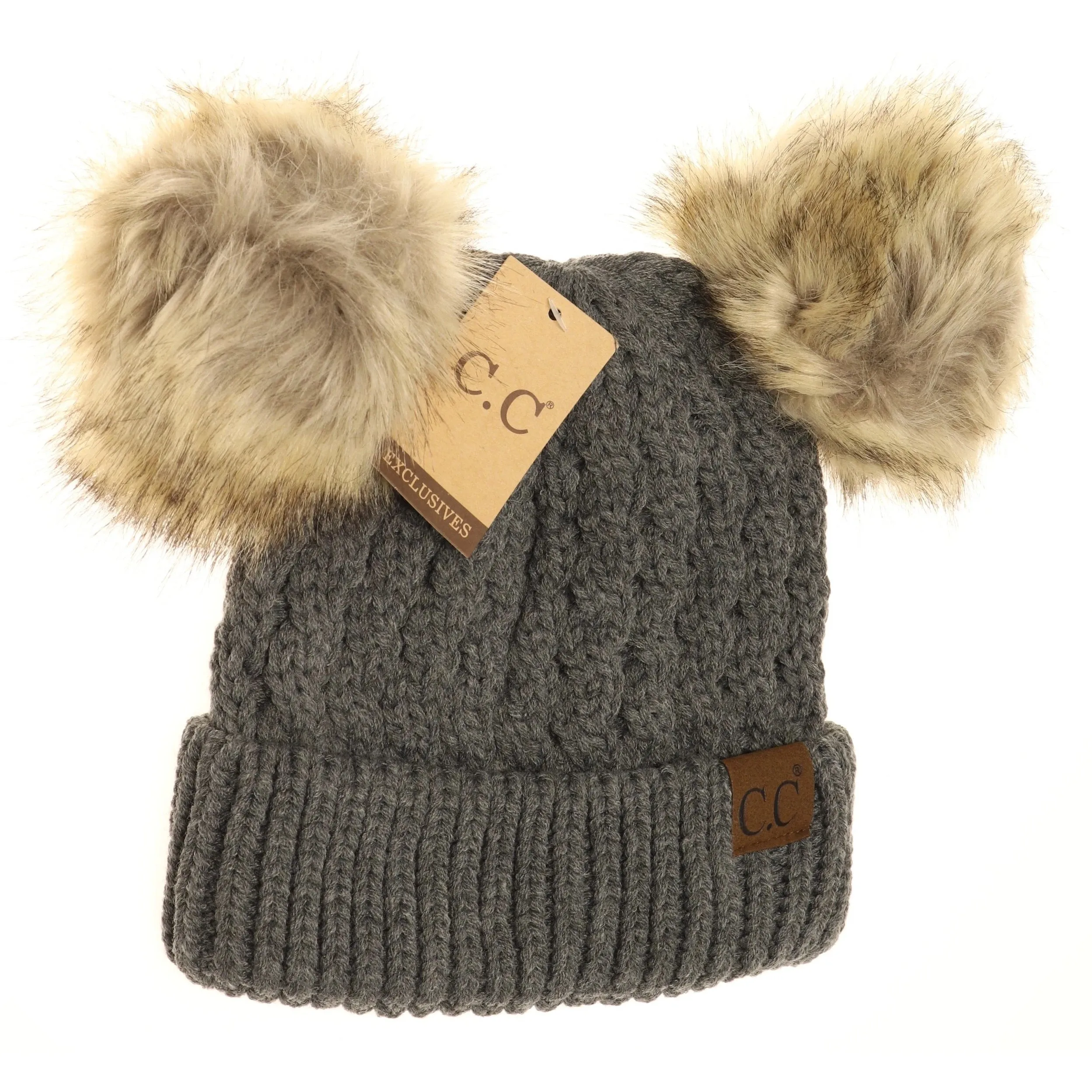 Cable Knit Double Pom Beanie