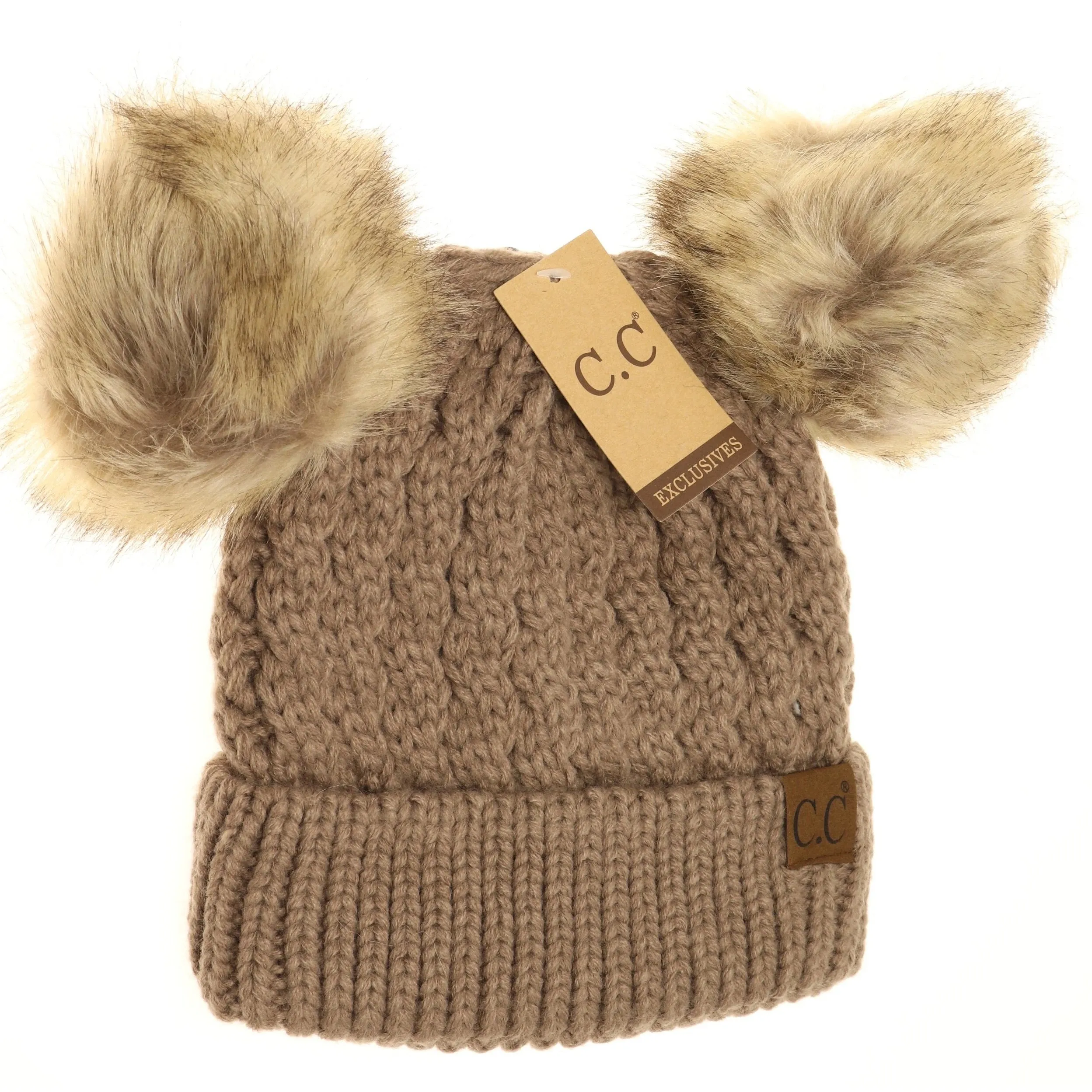 Cable Knit Double Pom Beanie