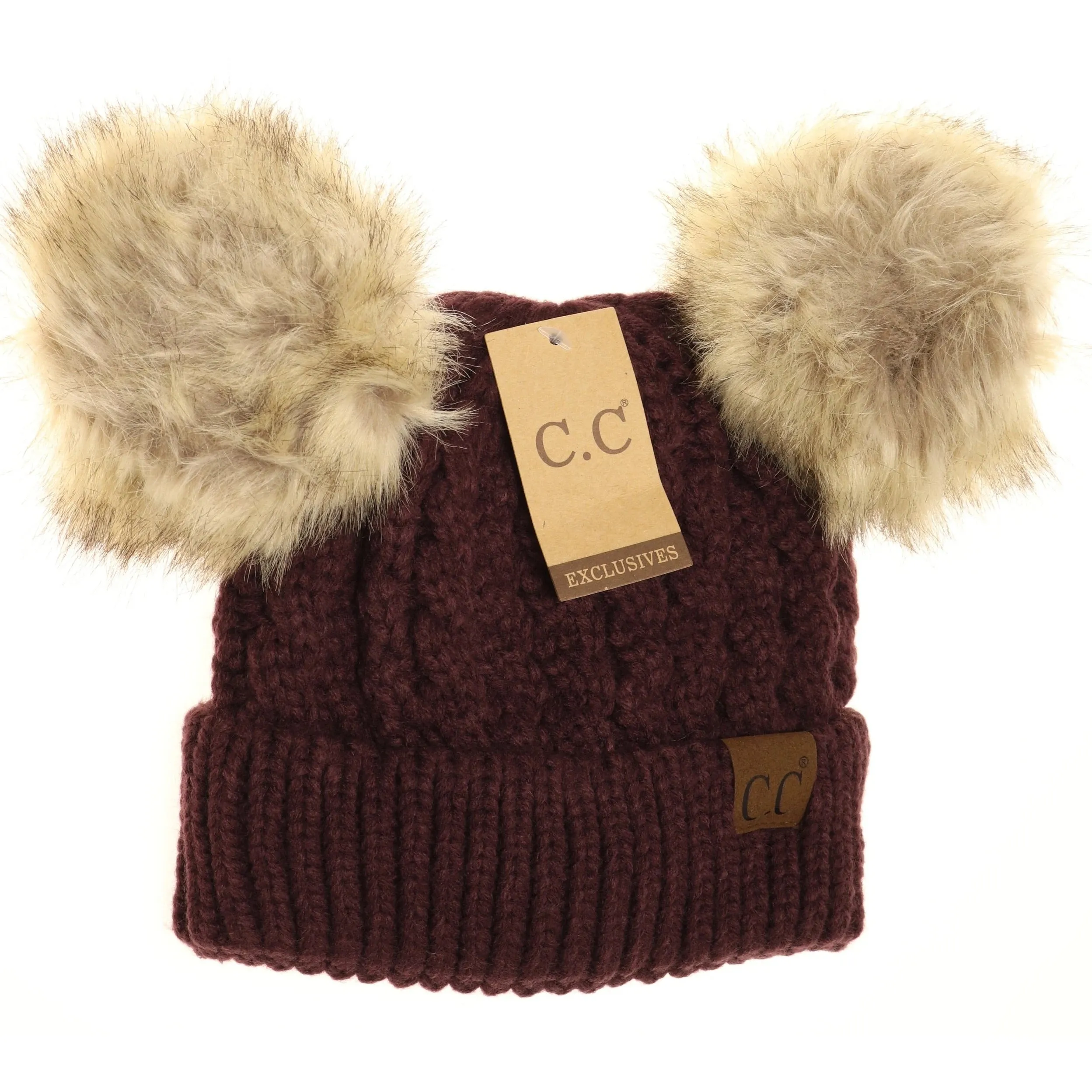 Cable Knit Double Pom Beanie