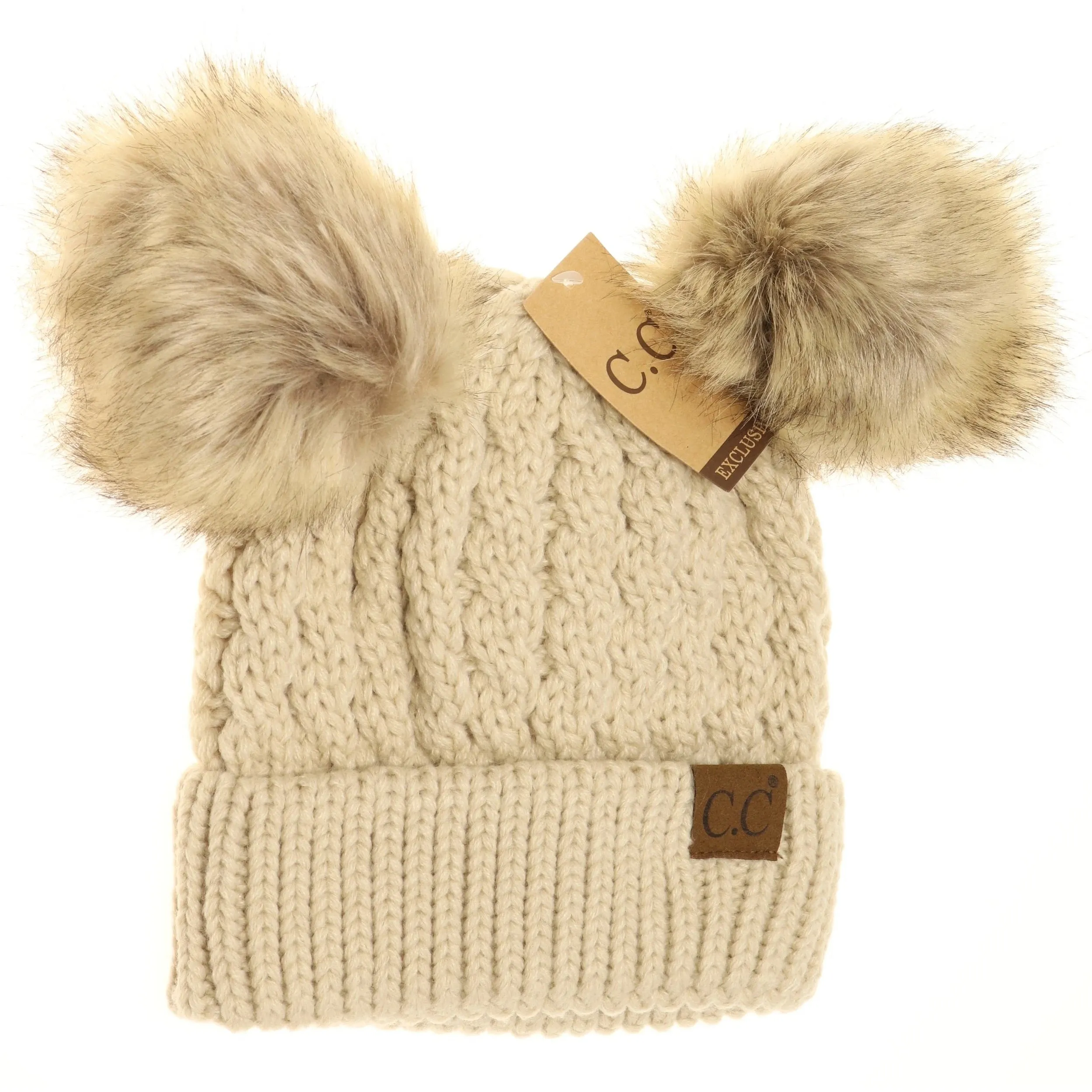 Cable Knit Double Pom Beanie