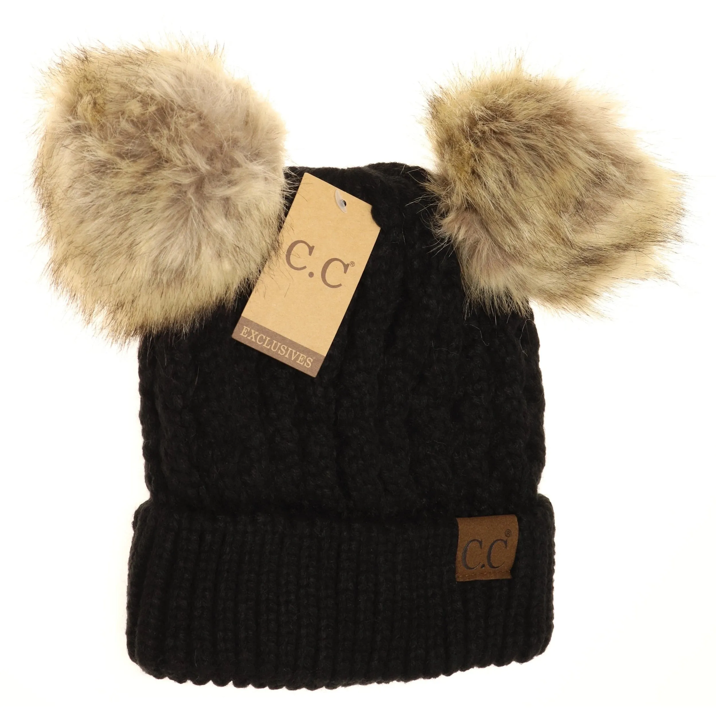 Cable Knit Double Pom Beanie