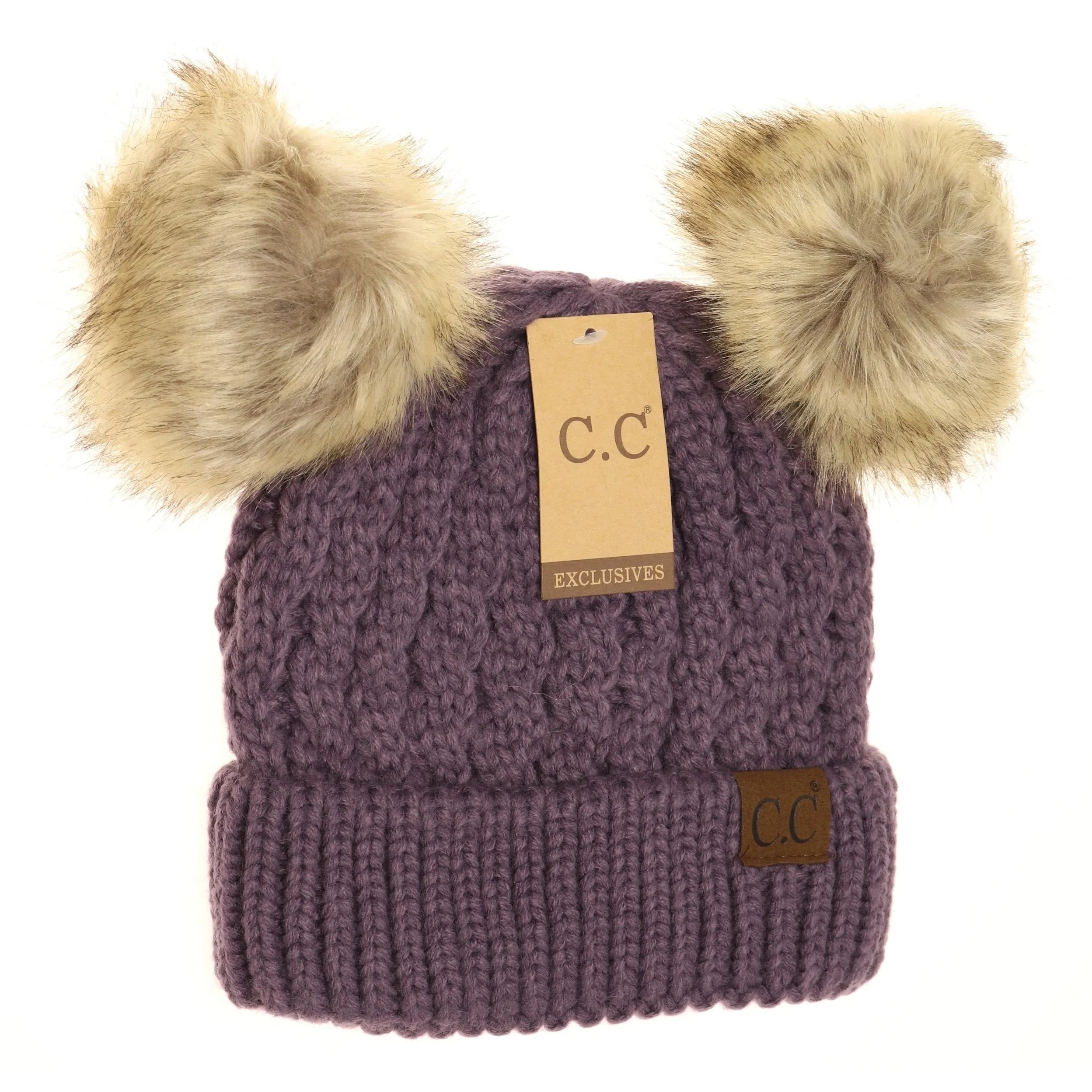 Cable Knit Double Pom Beanie