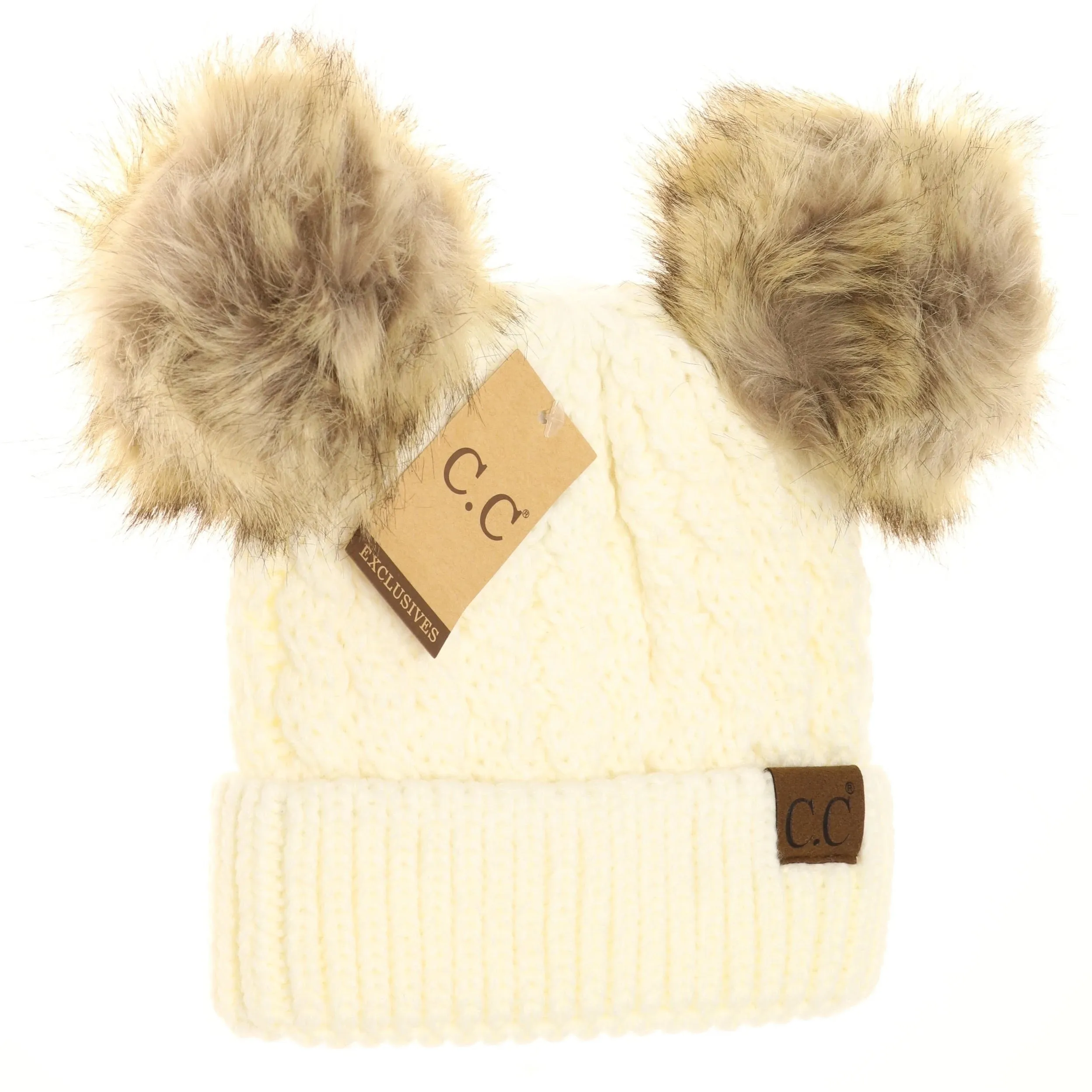 Cable Knit Double Pom Beanie