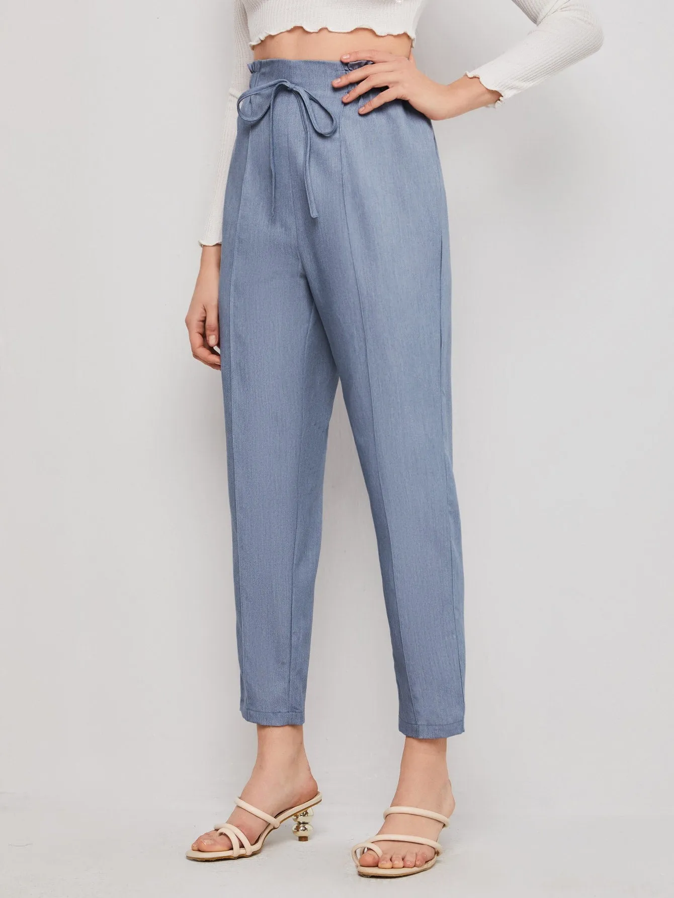 Casual Plain Tie Front High Waist Cropped Women Pants
