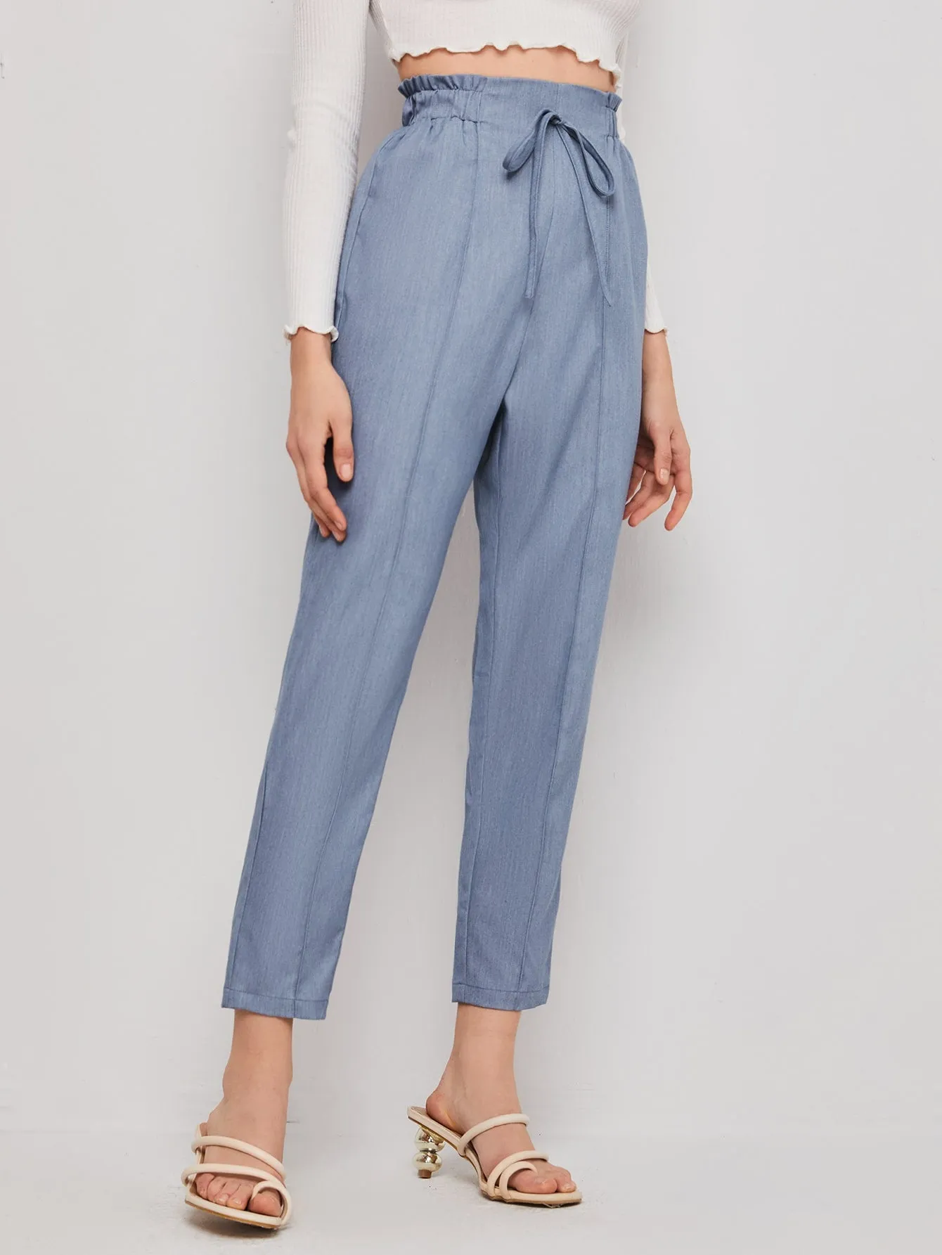 Casual Plain Tie Front High Waist Cropped Women Pants