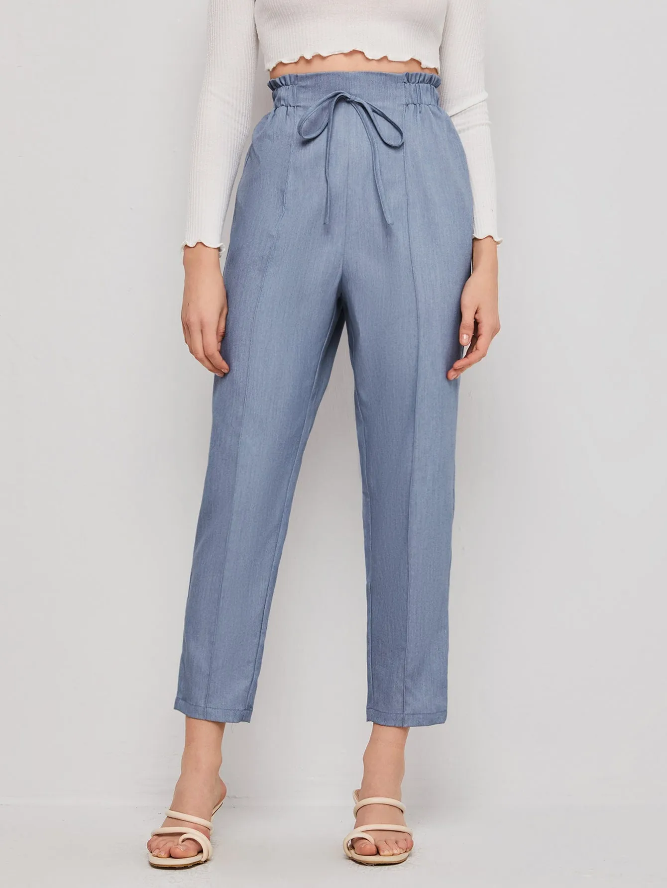Casual Plain Tie Front High Waist Cropped Women Pants